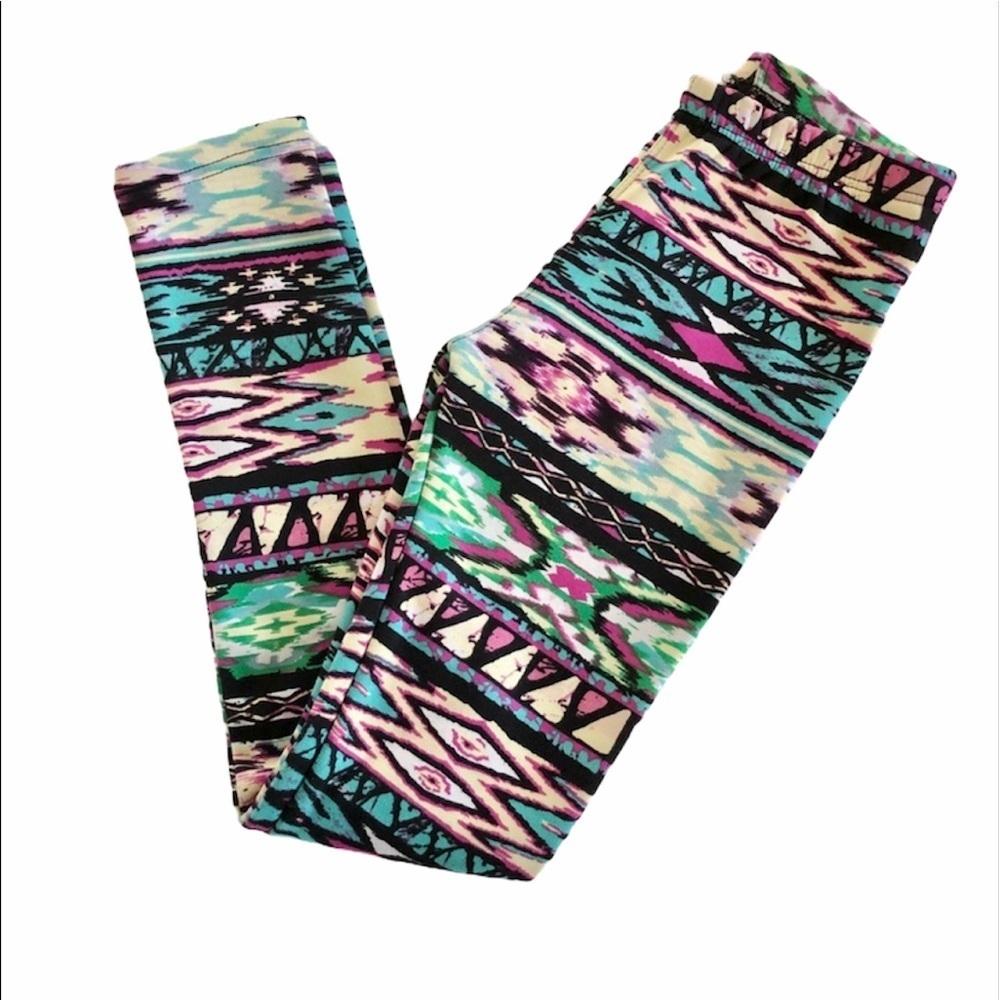 Yellow Abstract Image Fleece Lined Fitted Leggings Juniors Small
